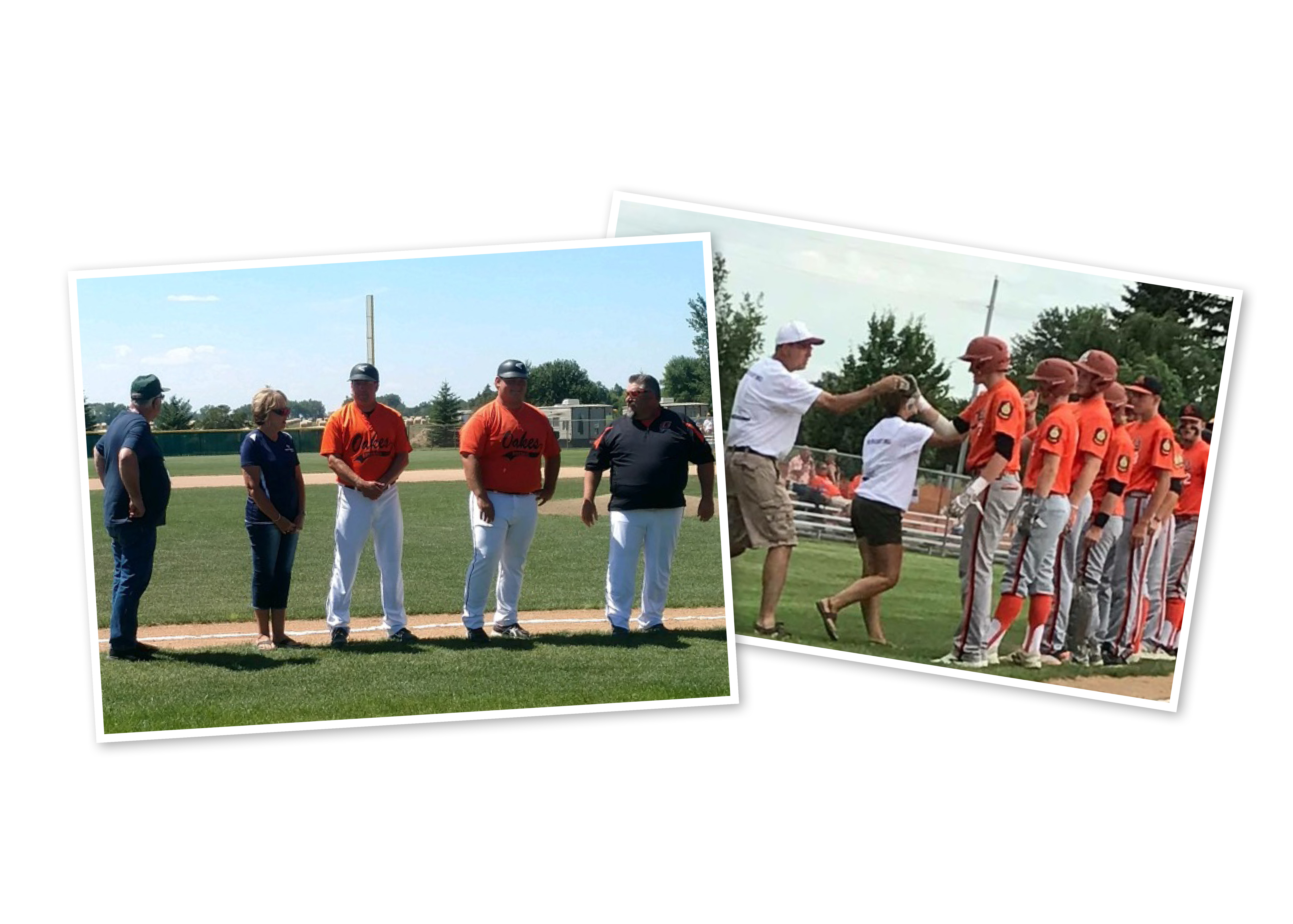 Baseball players and coaches line the bases